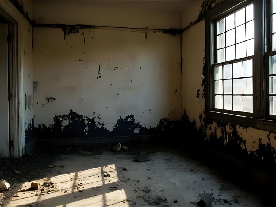 An abandoned, derelict room with peeling, dark-stained walls and light from a window casting shadows on a dusty floor.