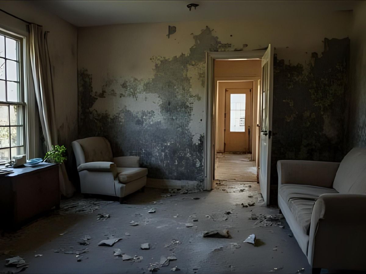 A dilapidated, empty living room with peeling wallpaper, scattered debris on the floor, an armchair, and a sofa.