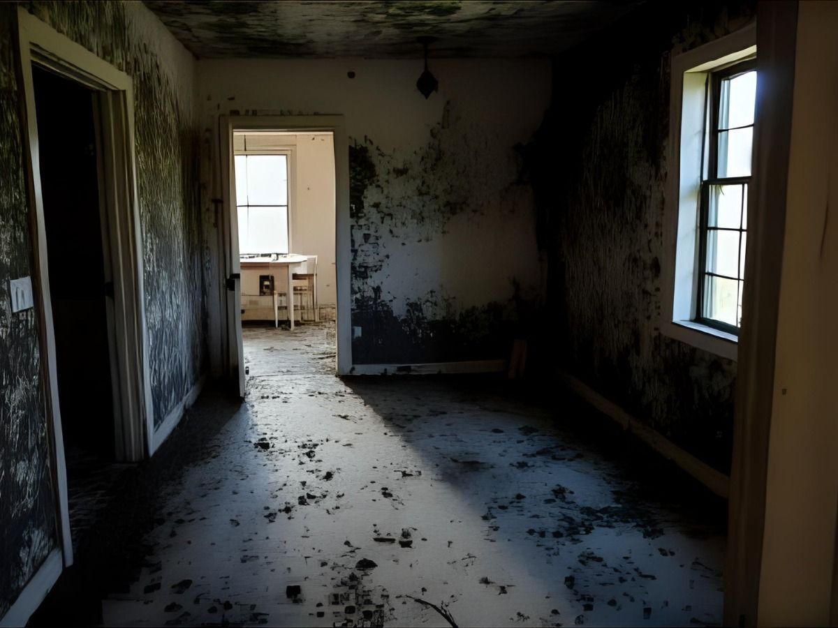 A dim, dilapidated room with dark, mold-covered walls and debris scattered across the floor, leading to a bright doorway.