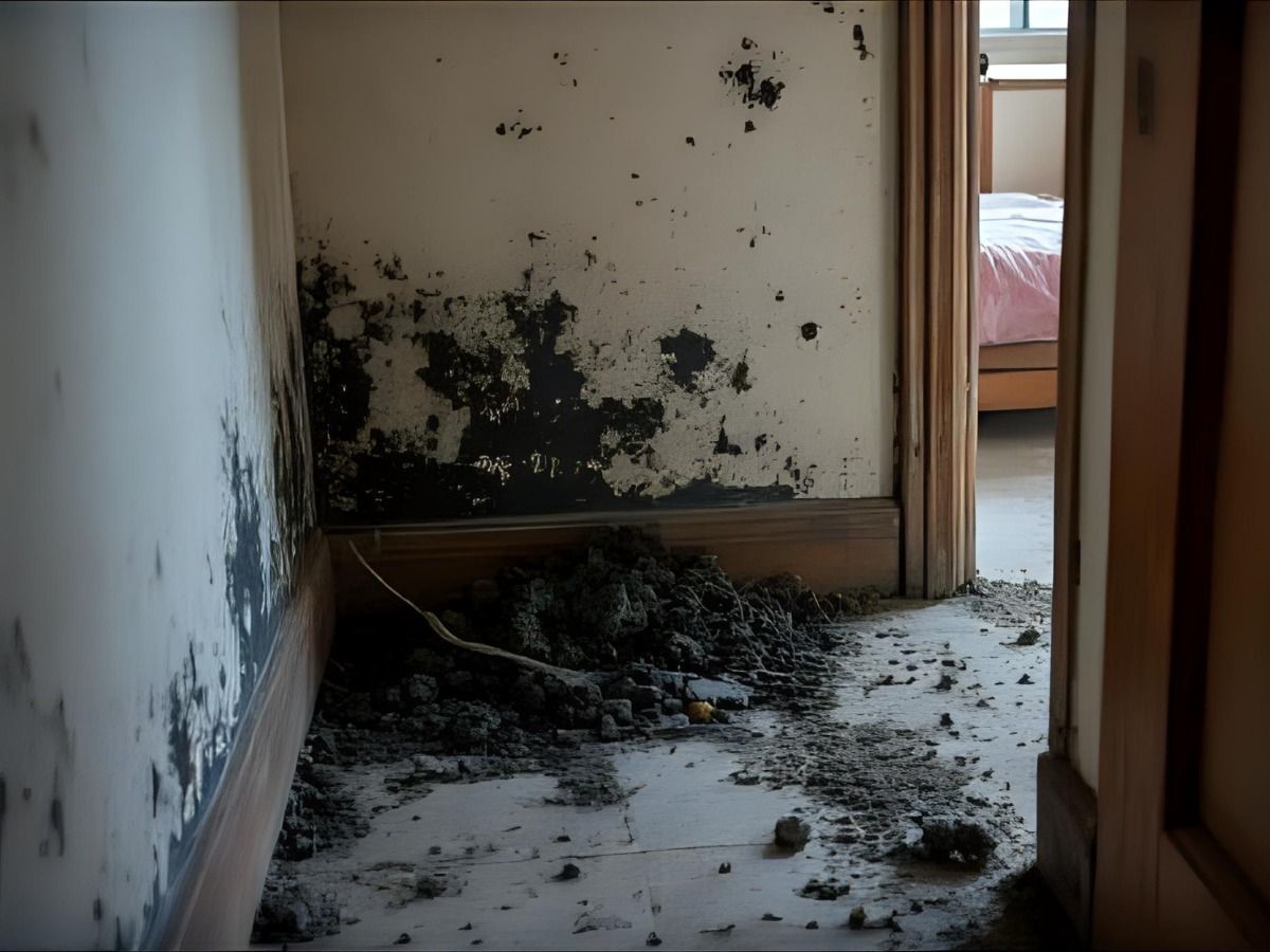 Extensive black mold growth covering corner walls and a debris-filled floor in a residential interior space.