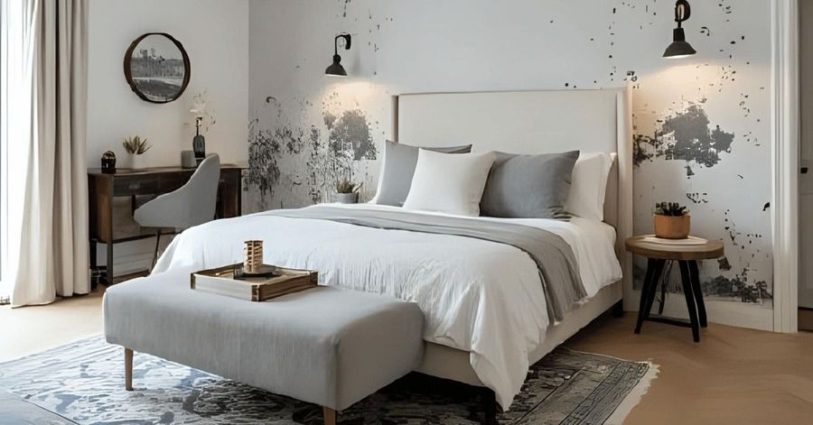 A modern bedroom with a tufted headboard, grey bench, white bedding, accent wall, and side tables in a neutral palette.