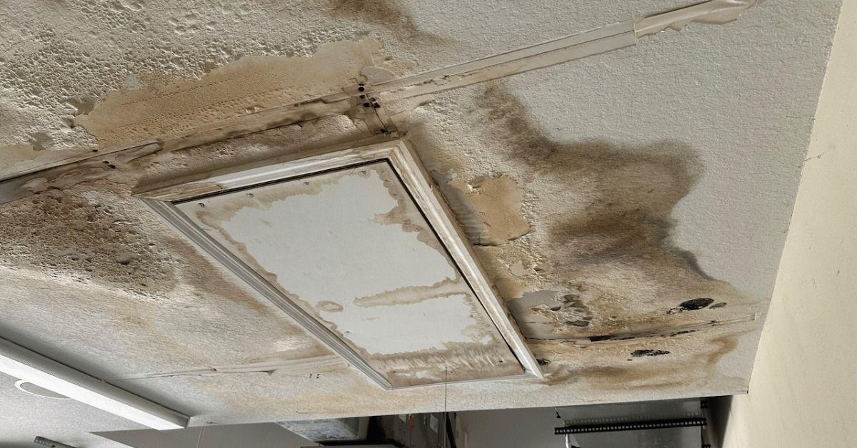 A rectangular ceiling light fixture surrounded by severe water damage, dark brown stains, and crumbling drywall.