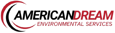 Logo for American Dream Environmental Services featuring black and red text with a stylized red and black curved icon.