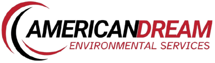 Logo for American Dream Environmental Services featuring black and red text with a stylized red and black curved icon.