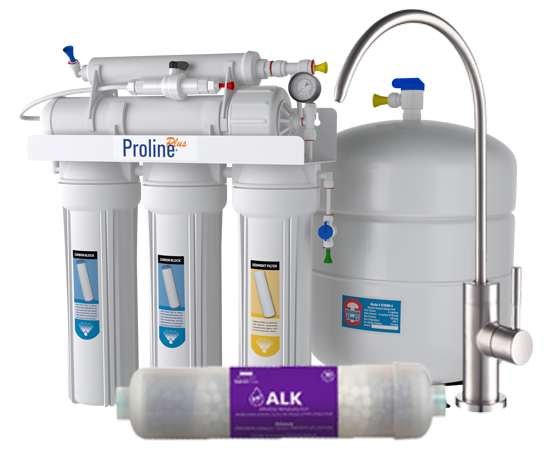 Water filter system with multiple filters, storage tank, and faucet.