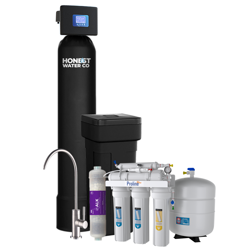 Water filtration system with a tall black tank, RO unit, and faucet.