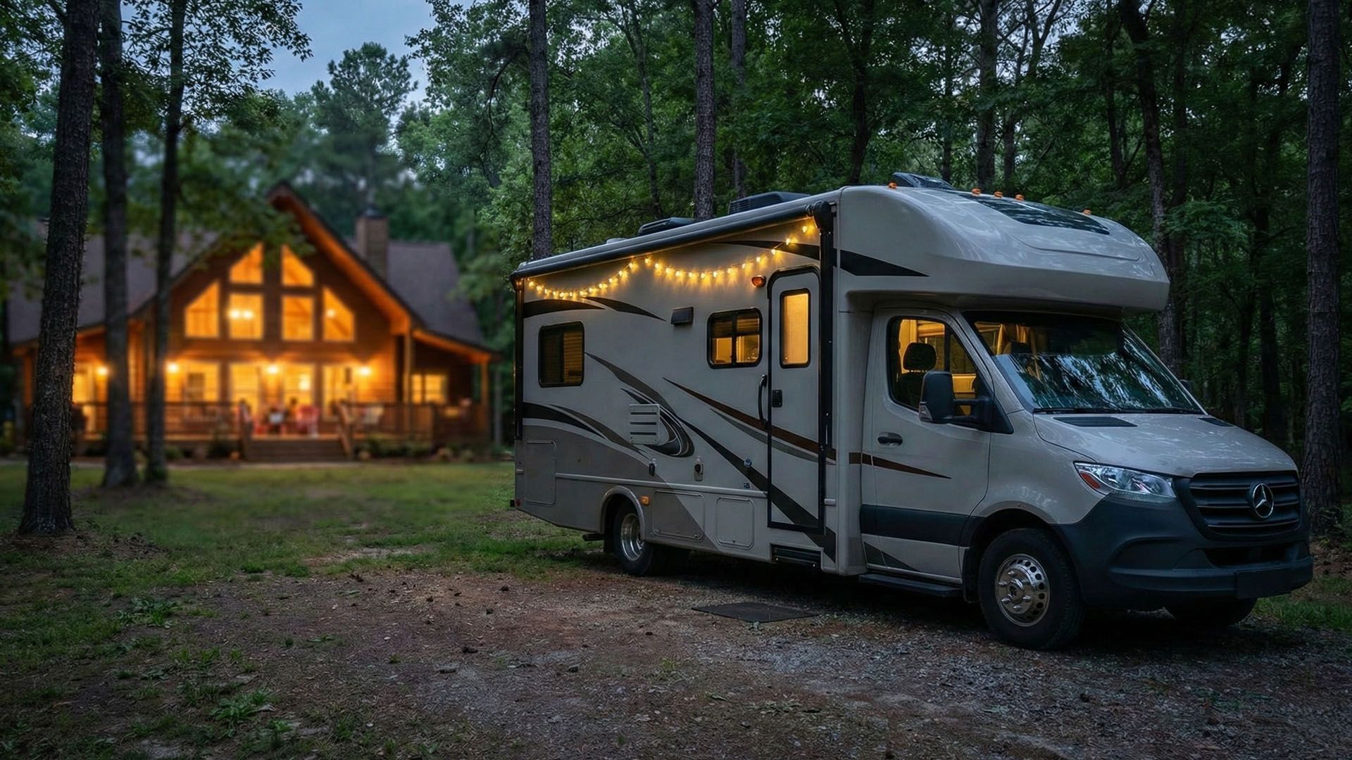 RV parked near a cabin in a wooded area, strung with lights at dusk.