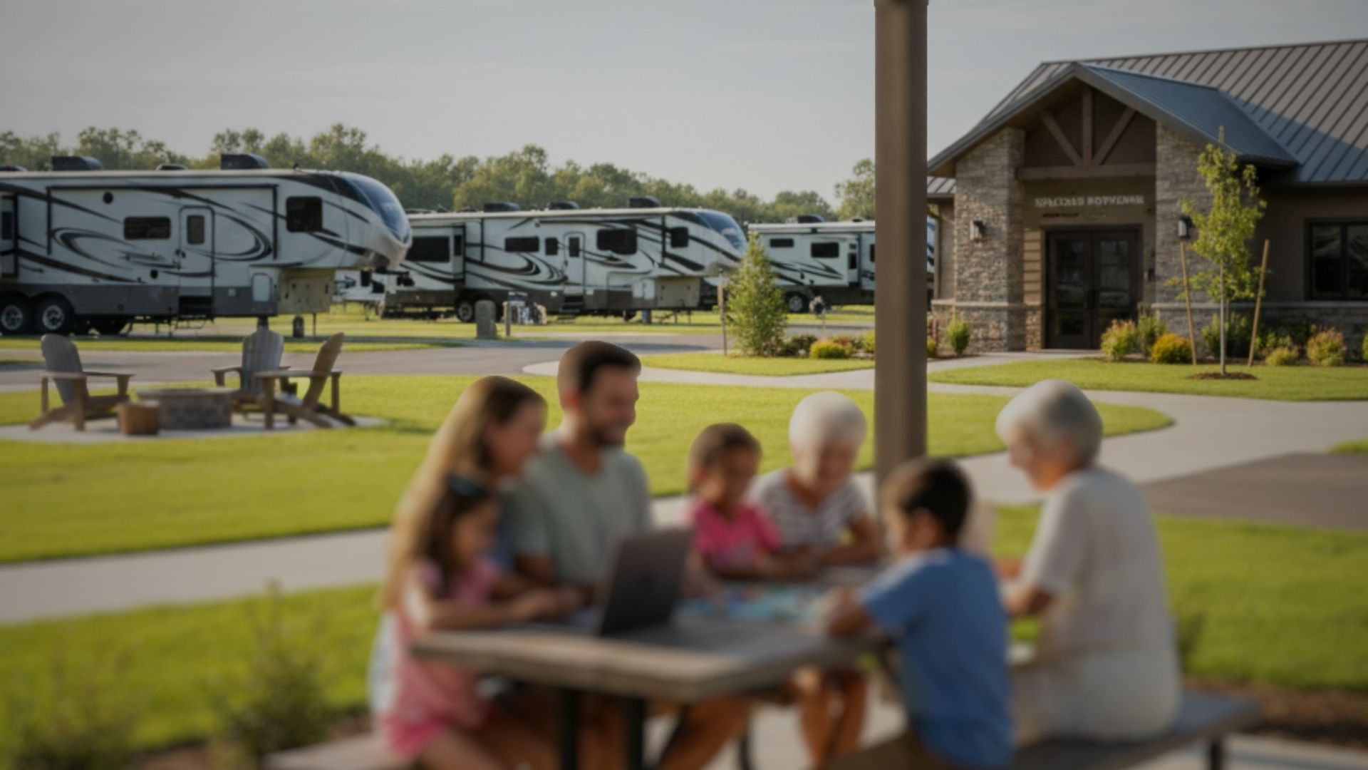 Family at picnic table with RVs and building in the background. Green grass and sunny day.