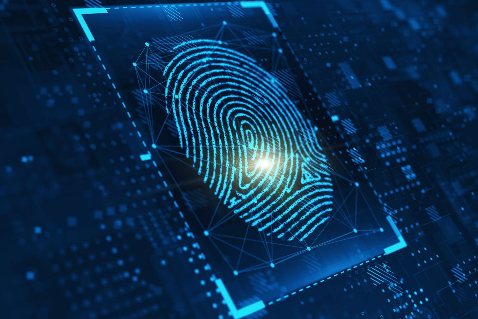 Digital fingerprint scan with glowing blue lines and a circuit board background.