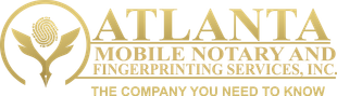 Logo: Atlanta Mobile Notary & Fingerprinting Services. Gold text on a white background, with a fingerprint design.