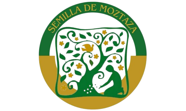 Logotipo: verde y dorado, árbol con paloma, persona plantando semillas, texto 