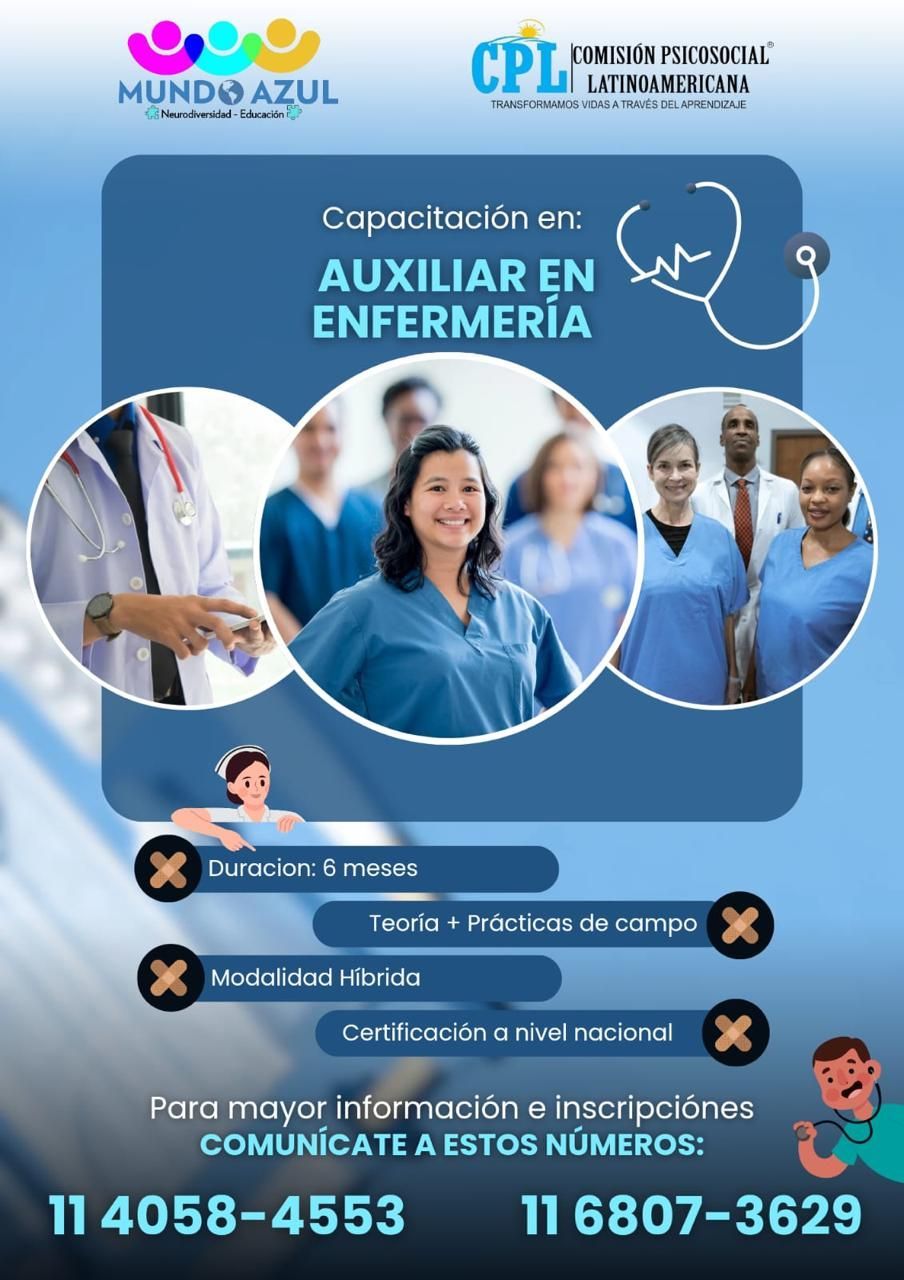 Cartel para un curso de auxiliar de enfermería, con una mujer sonriente con uniforme azul. Información de contacto incluida.