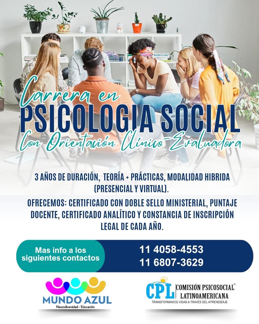 Anuncio de un programa de Psicología Social. Incluye un grupo de personas, detalles del programa e información de contacto.