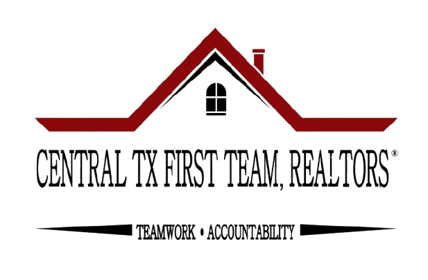 Logo for Central TX First Team, Realtors.  Red roof, black text, small window, with "Teamwork Accountability" below.