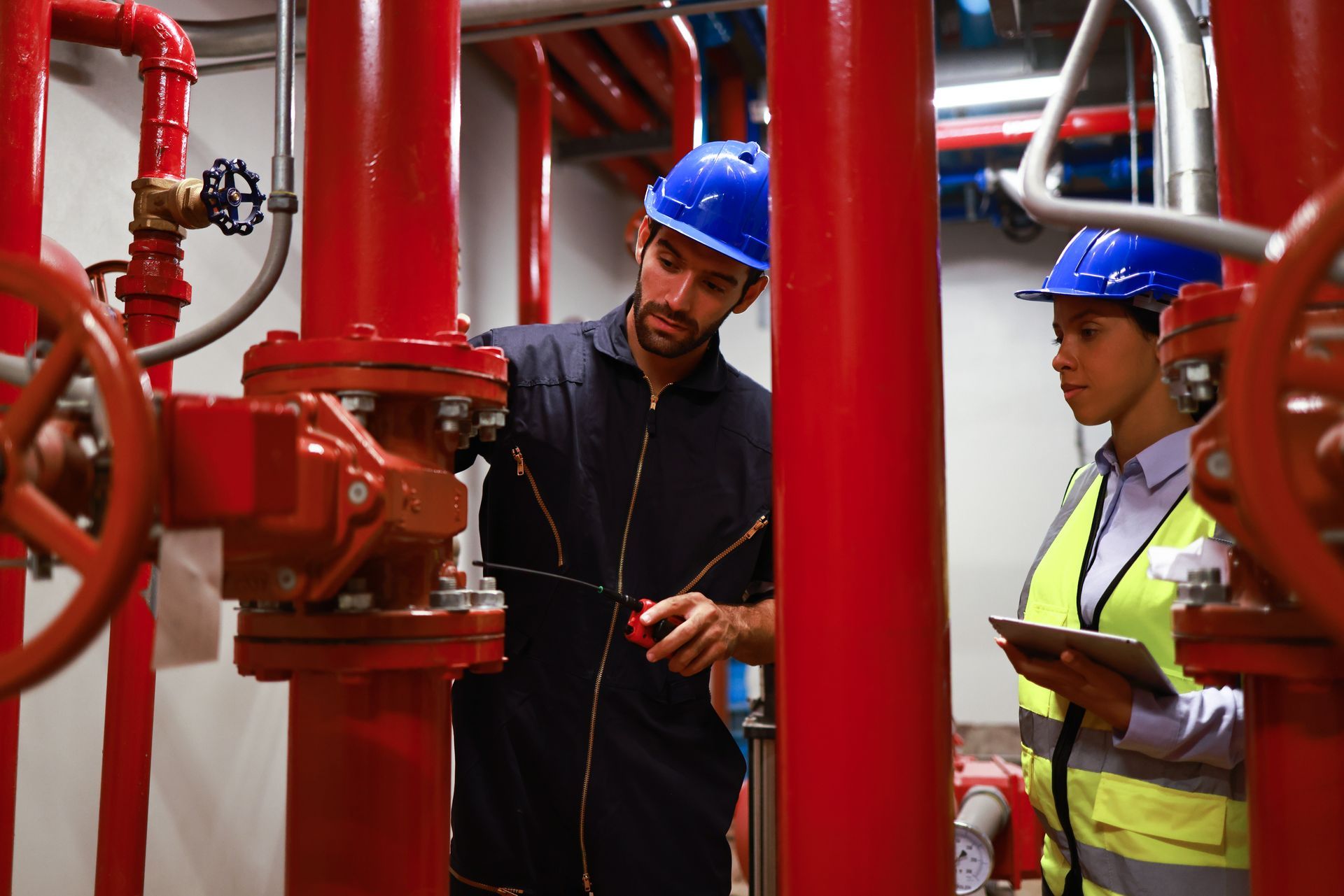 Two people in a mechanical room, inspecting red pipes. One holds a tool, the other a tablet, both wearing hard hats.