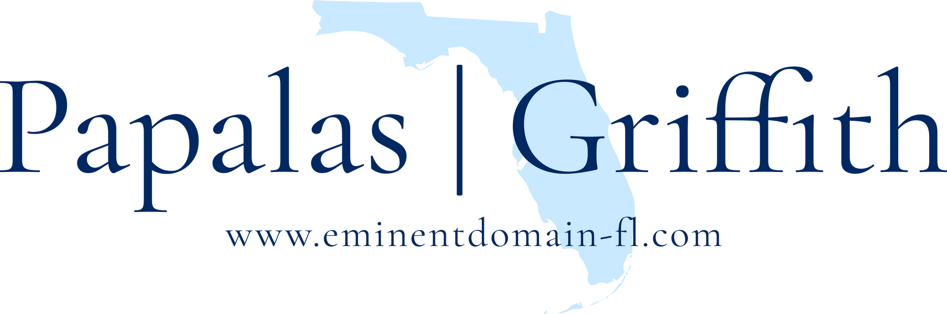 Papalas | Griffith law firm logo featuring the Florida outline in light blue. The website is www.eminentdomain-fl.com.