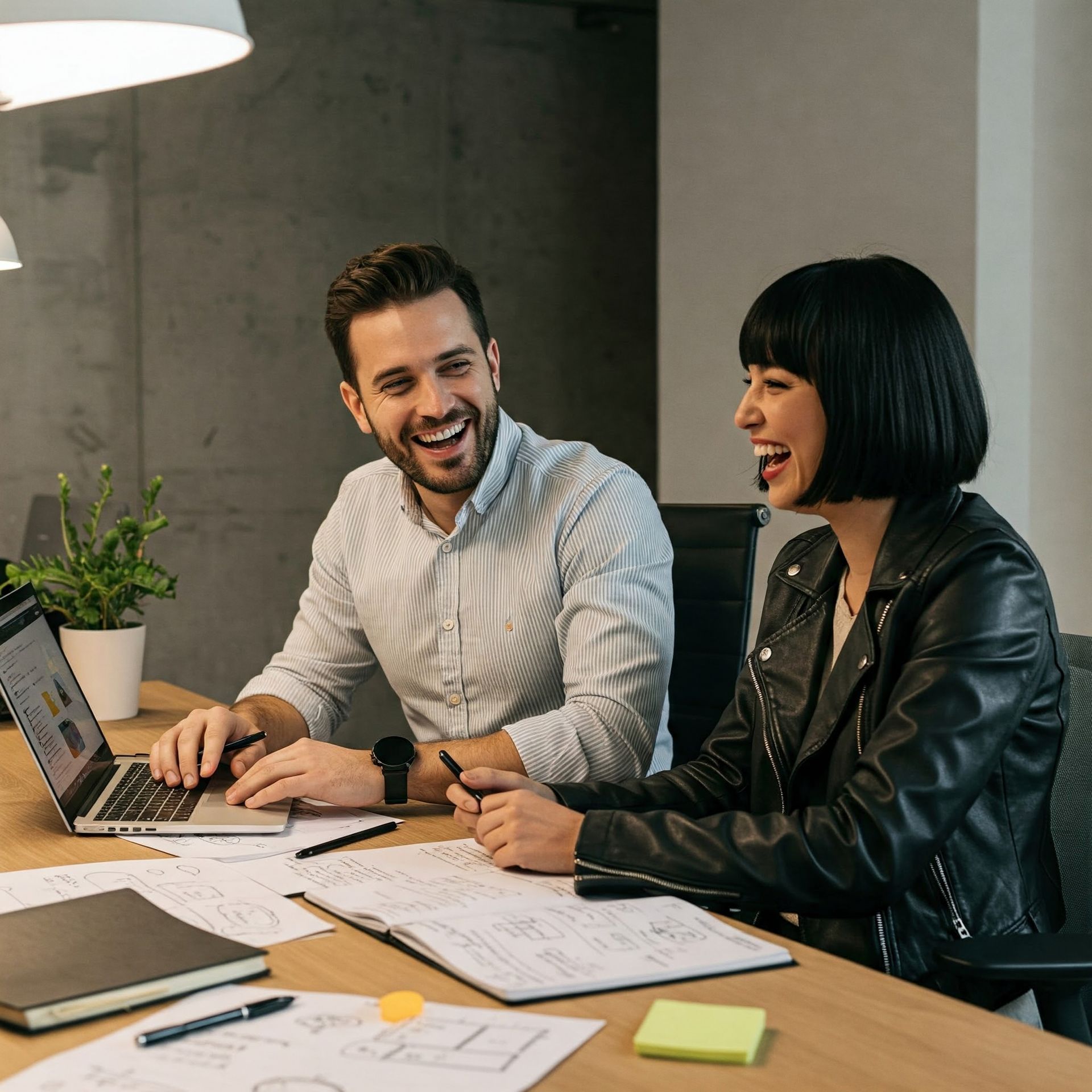 Two coworkers smiling and reviewing papers at a desk with a laptop in a modern office