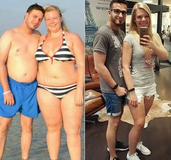 Before and after photos of a couple: overweight in swimwear, then fit and smiling, in casual clothes.