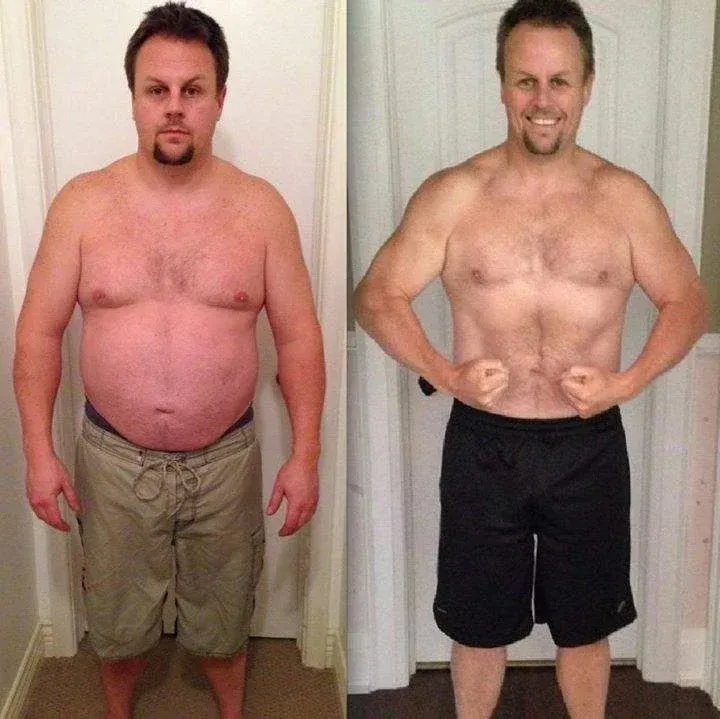 Man before and after weight loss, smiling and flexing.