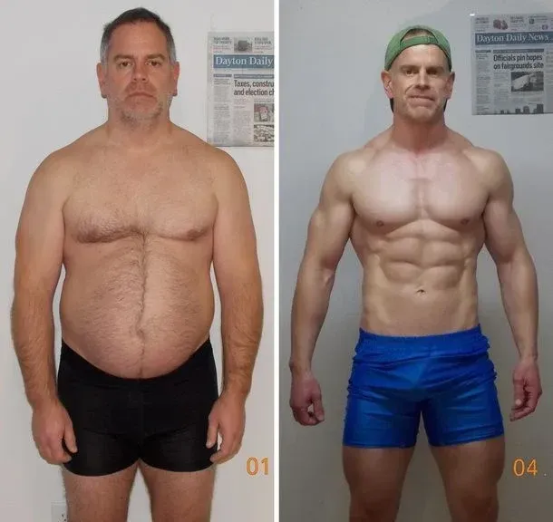 Side-by-side comparison of a man's weight loss transformation, showing his change from overweight to muscular.
