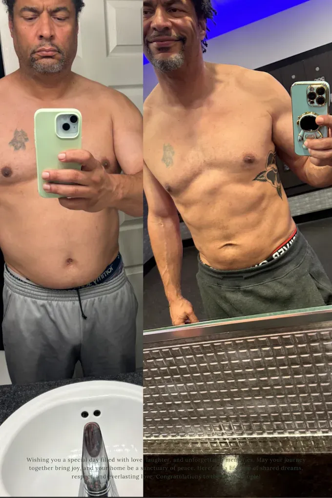 Man's weight loss journey: before and after.  He is shirtless, taking mirror selfies. Improved physique, smiling in the after photo.