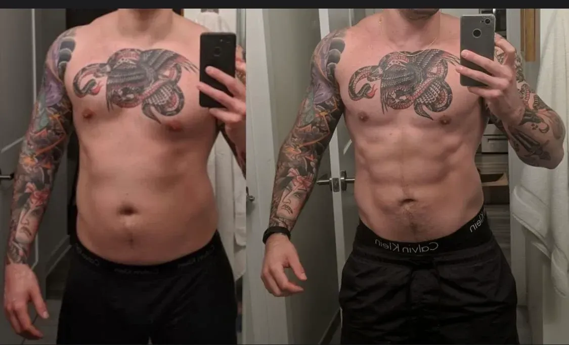 Side-by-side comparison of a man before and after weight loss; showing a change in body composition, mainly midsection.