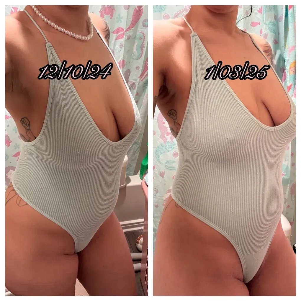 Side-by-side comparison of a person in a light green bodysuit. The left is 12/01/24 and the right is 11/03/25.