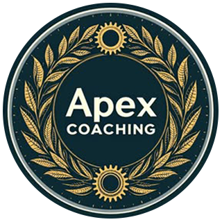 Round logo, dark teal with gold laurel wreath, gears, and "Apex COACHING" in white text.