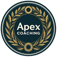 Round logo, dark teal with gold laurel wreath, gears, and "Apex COACHING" in white text.