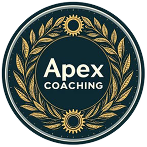Round logo, dark teal with gold laurel wreath, gears, and "Apex COACHING" in white text.