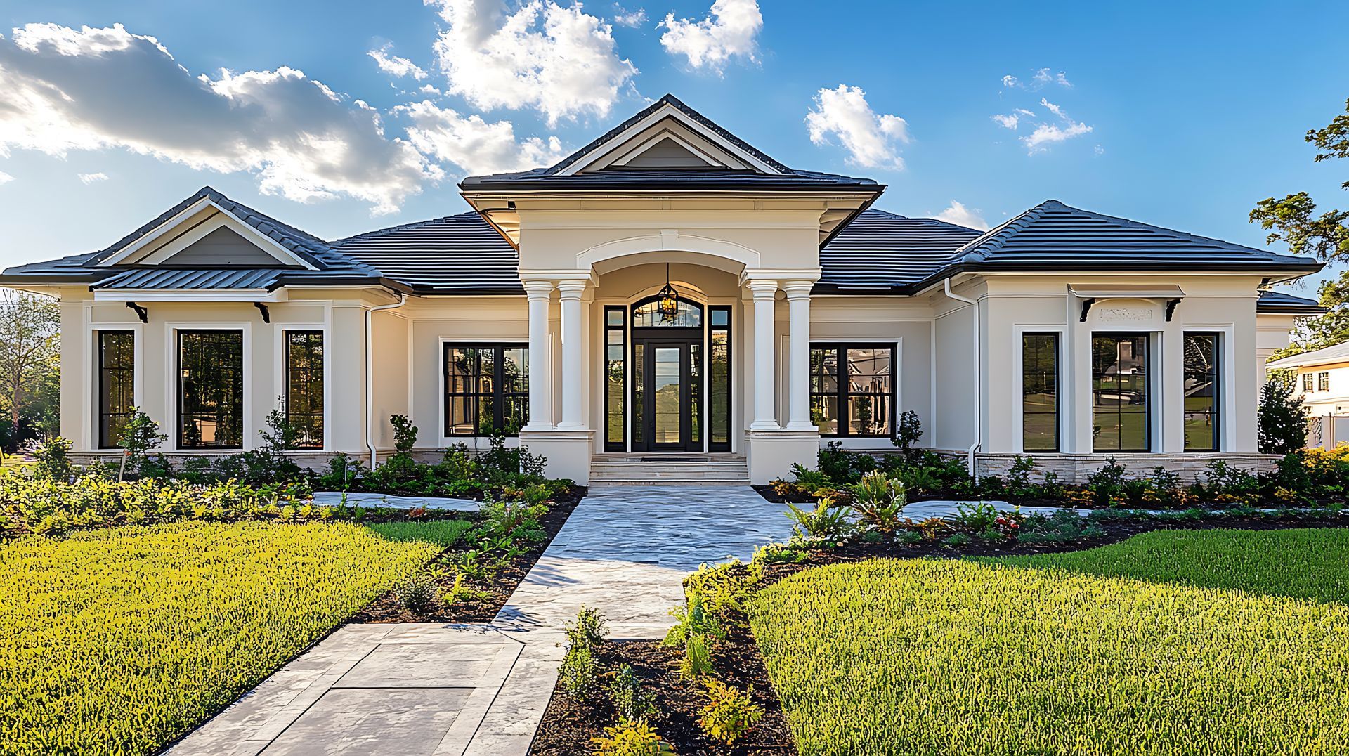 Elegant beige house with columns, a tiled roof, and manicured lawn.