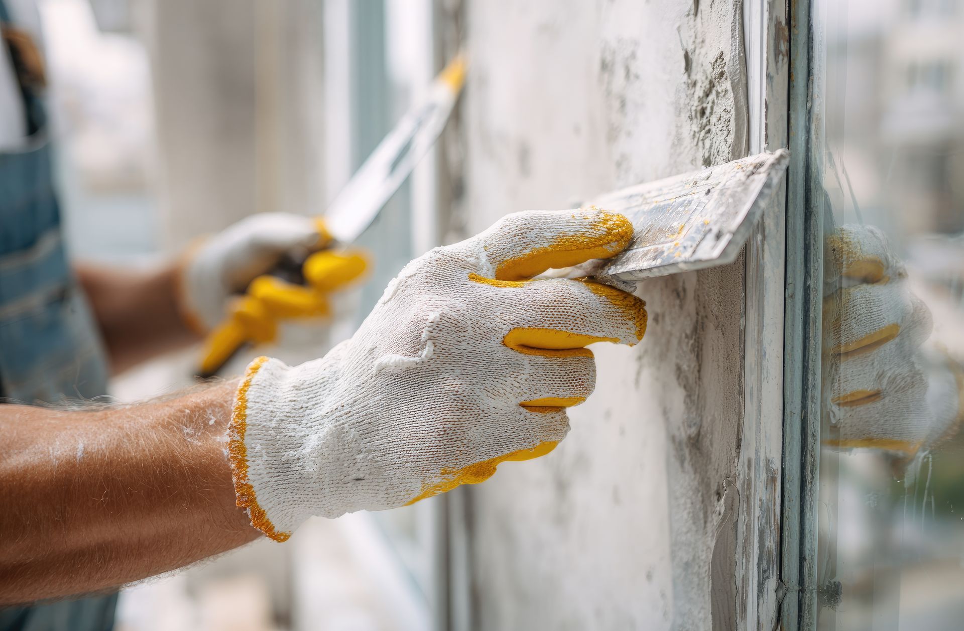 Person wearing gloves, using a putty knife to remove old caulk from a window frame.