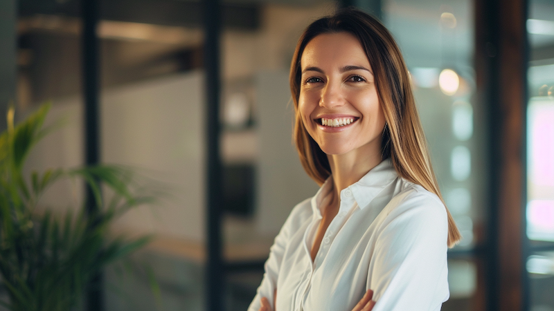 Uma mulher de camisa branca está sorrindo com os braços cruzados.