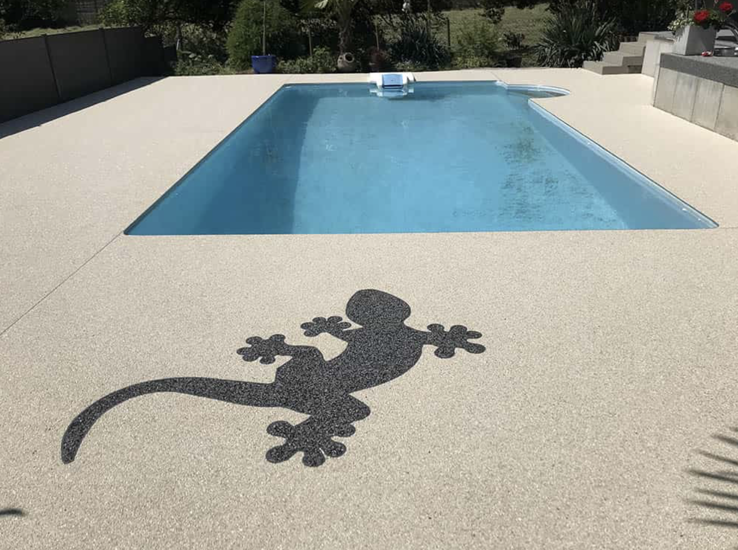 Une piscine avec un motif de lézard sur le sol
