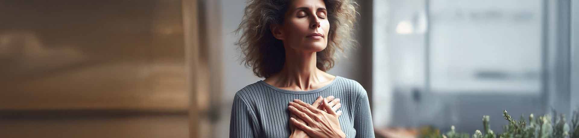 a middle aged woman standing, eyes closed, with her hand over her heart in meditation