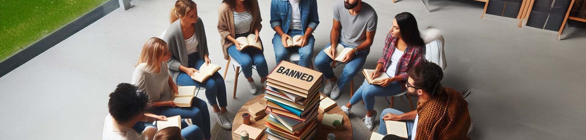 a group of people sitting in a circle around a table stacked with banned books