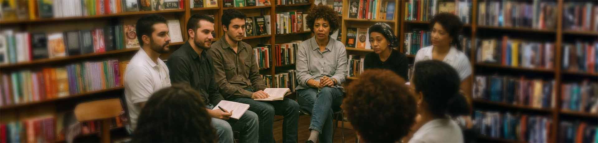 a diverse group of people sitting in a circle for a discussion in a bookstore