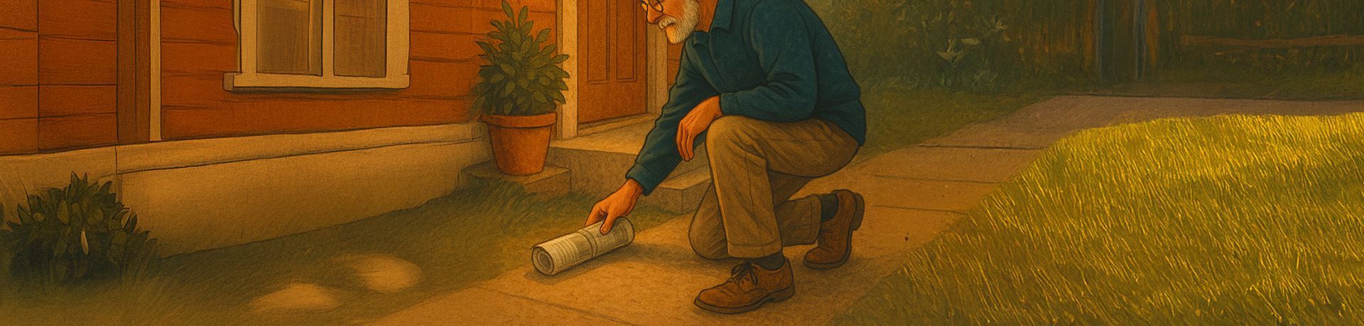 a man kindly picks up a newspaper from the ground