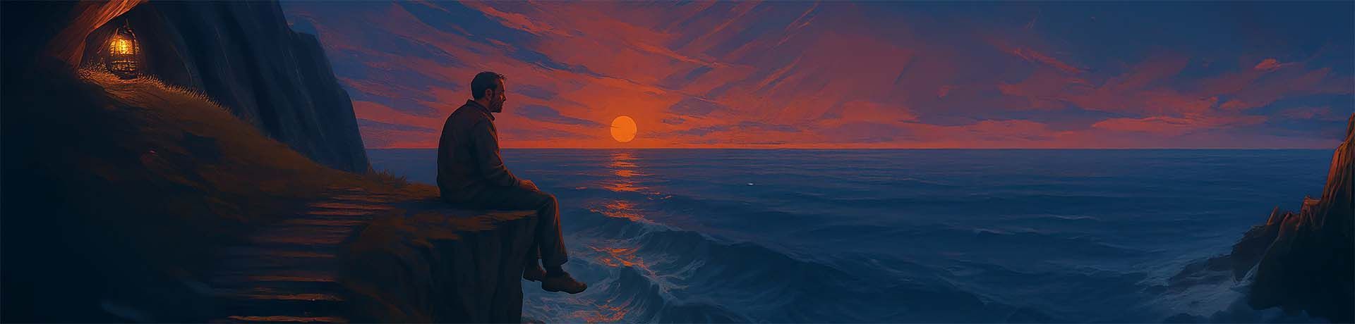 A man sitting on the edge of the cliff in the twilight