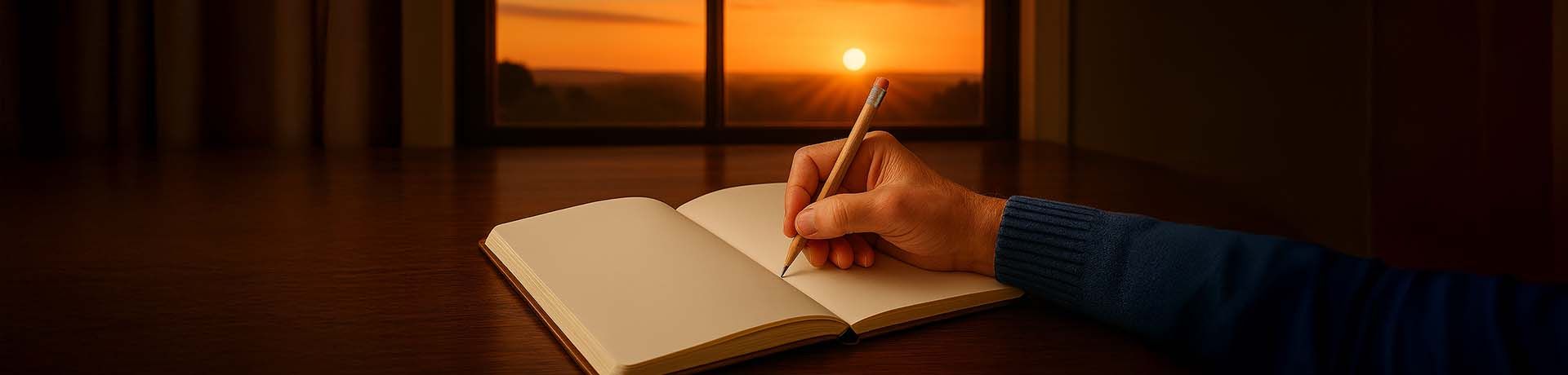 A hand writes in a notebook with a pencil. A window in the background shows an orange sunset.