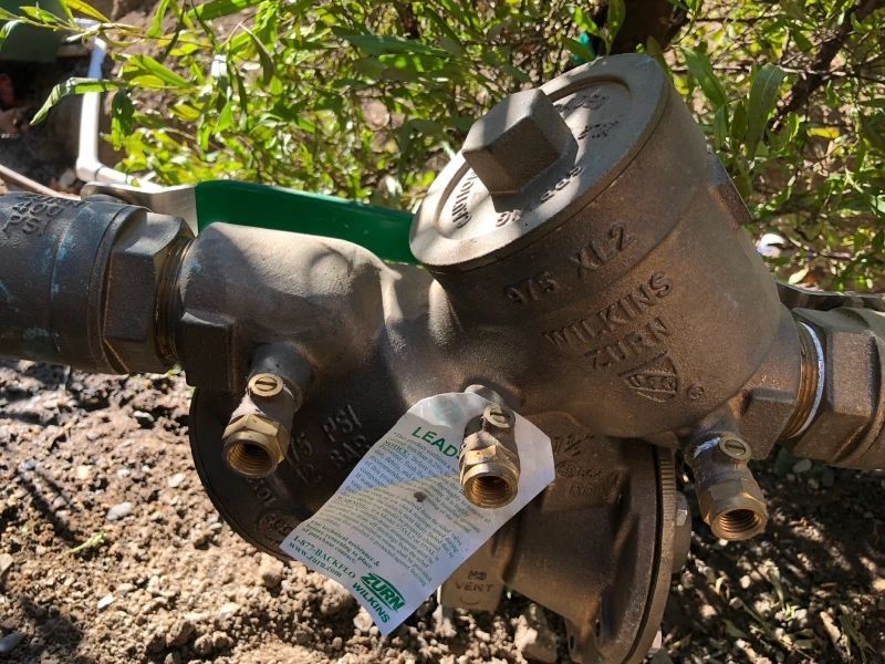 Bronze water meter with attached tag, installed outdoors near foliage.