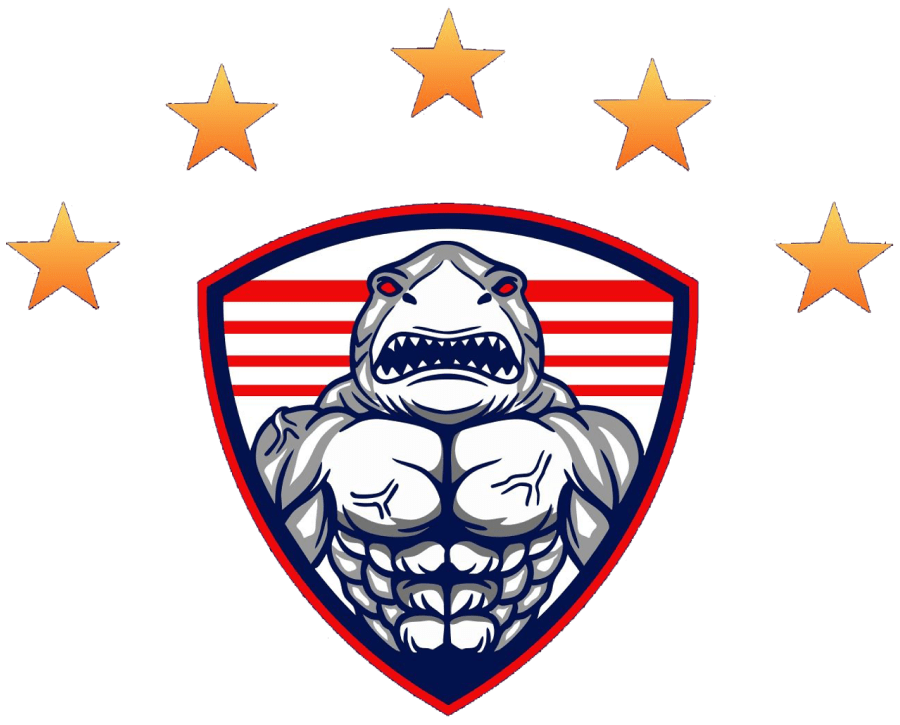 Buff shark mascot with angry expression, in shield with stars.