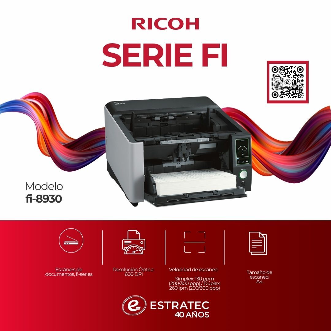 Una imagen de una impresora ricoh serie fi sobre un fondo rojo.