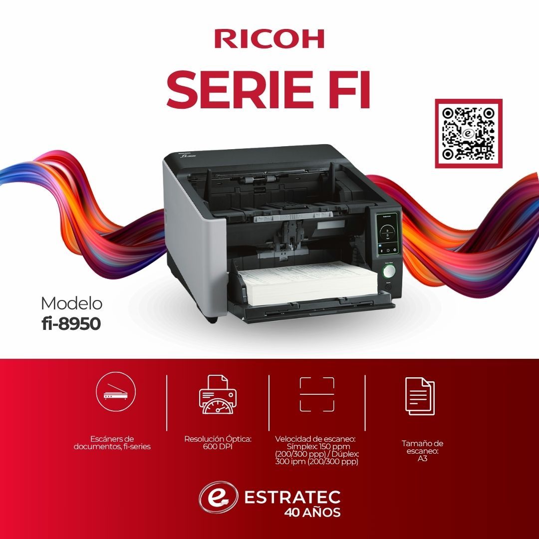 Una imagen de una impresora ricoh serie fi sobre un fondo rojo.