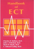 Red handbook cover titled “Handbook of ECT” with a white EKG line over an orange grid.