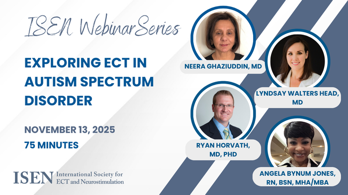 ISEN Webinar Series poster on exploring ECT in autism spectrum disorder with four speaker headshots.