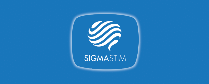 SIGMASTIM logo with white wave icon on a blue background