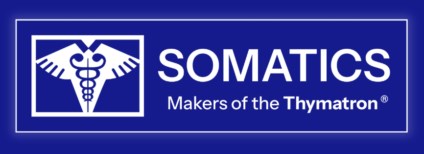 SOMATICS logo on a blue background, with a caduceus symbol and the tagline “Makers of the Thymatron®”