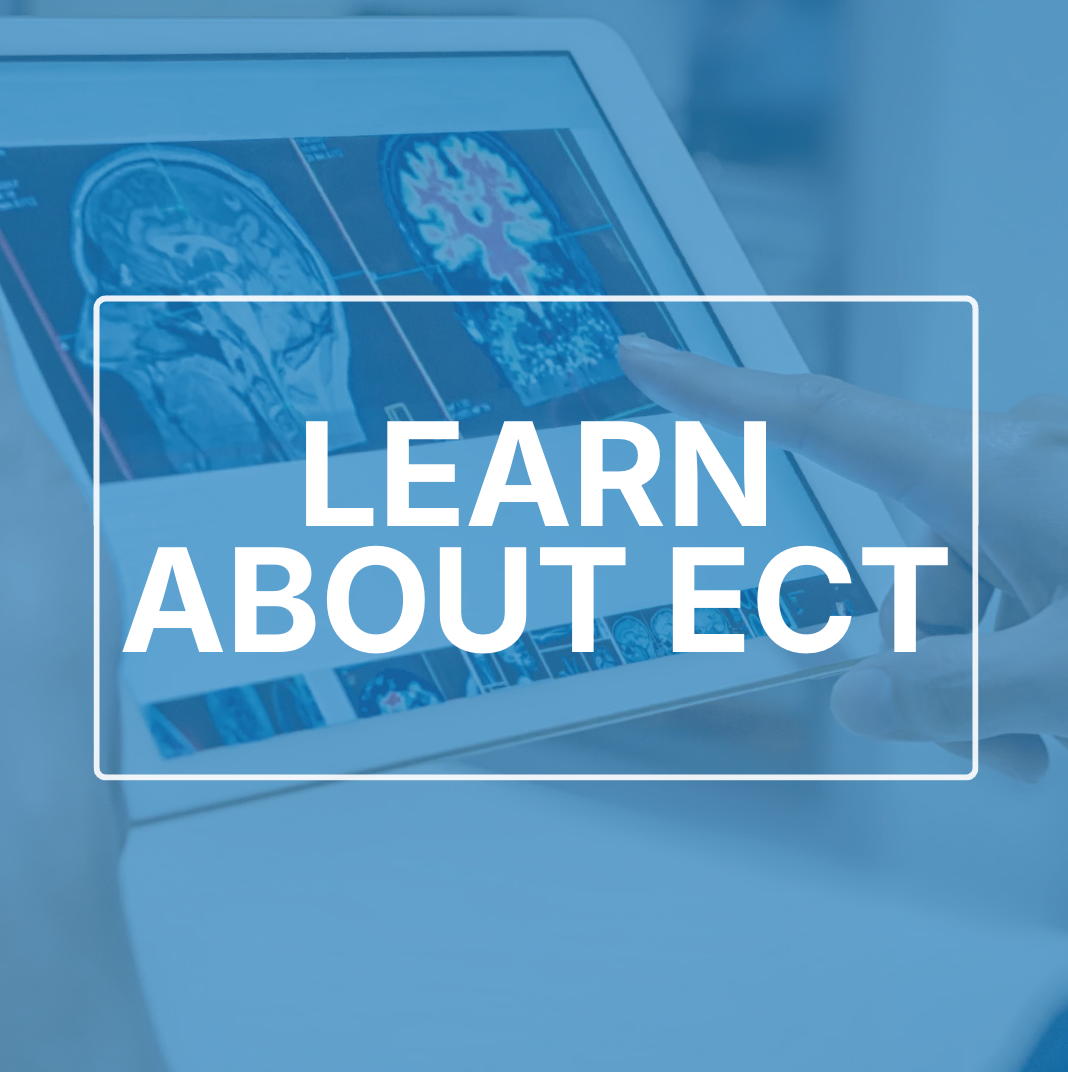 Tablet displaying brain scans with overlaid text “LEARN ABOUT ECT”