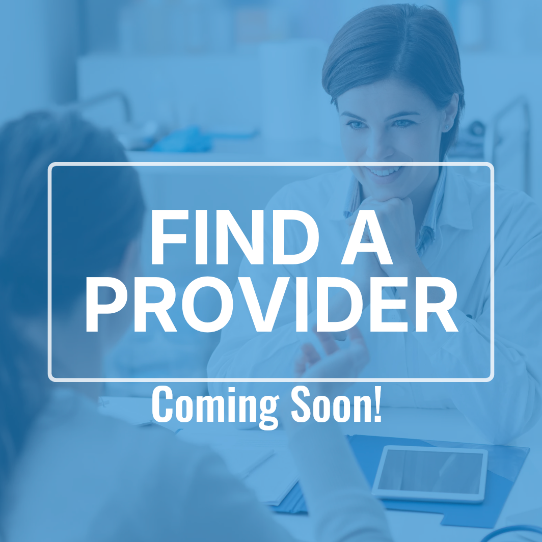 Blue-tinted doctor in a clinic with the text “FIND A PROVIDER” overlaid
